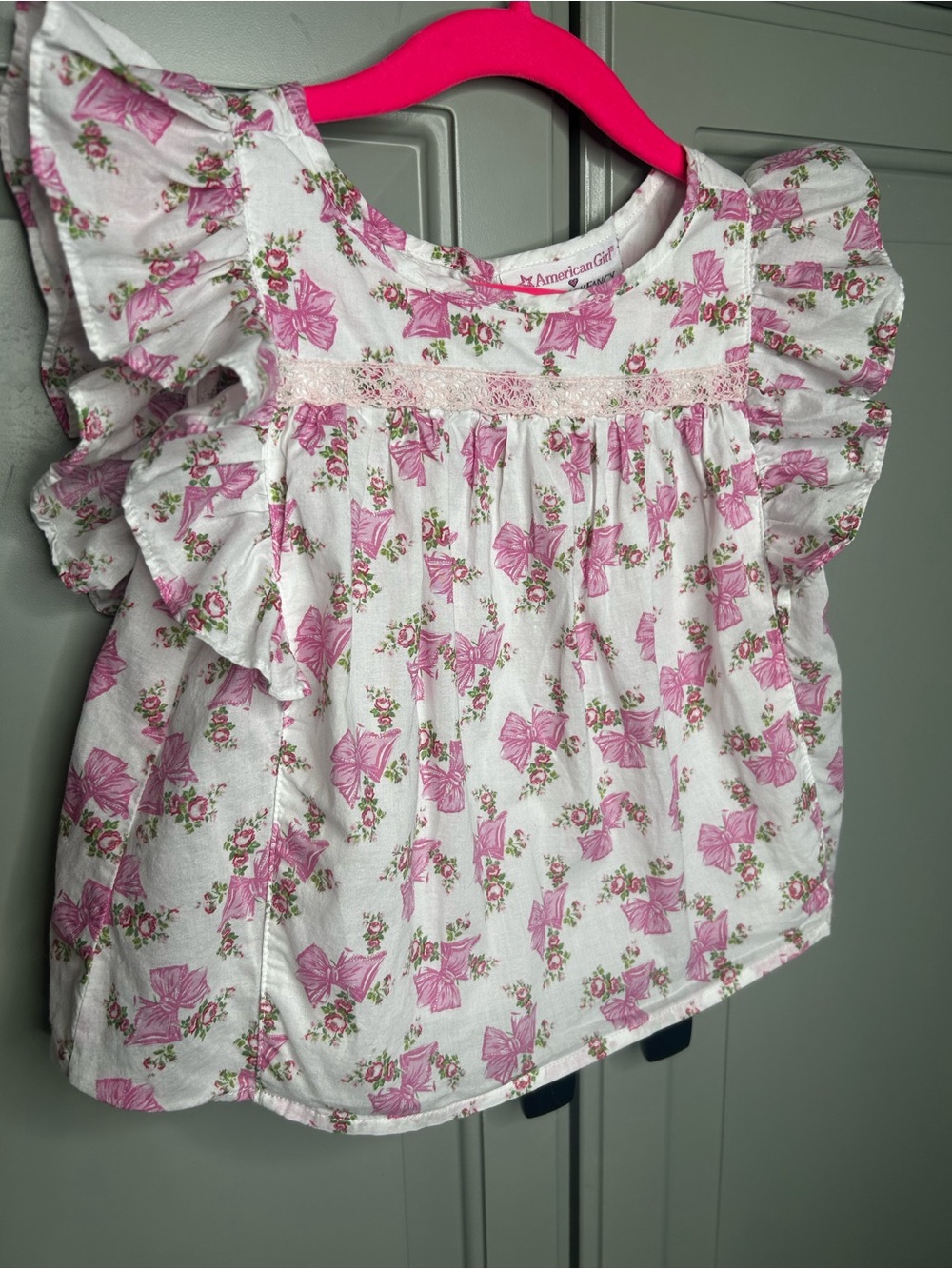 American Girl x Love Shack Fancy Pink Floral Bow Ruffle-Sleeve Top size 7